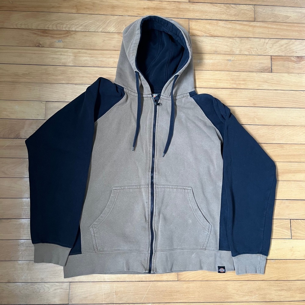 Dickies Mens Colorblock Full Zip Hoodie Tan Navy Blue Raglan Fleece Large
